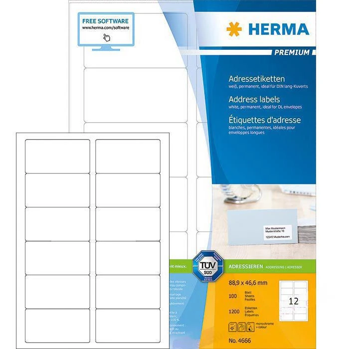Herma Premium 4666 100 Etiketten Weiß 88.9 X 46.6