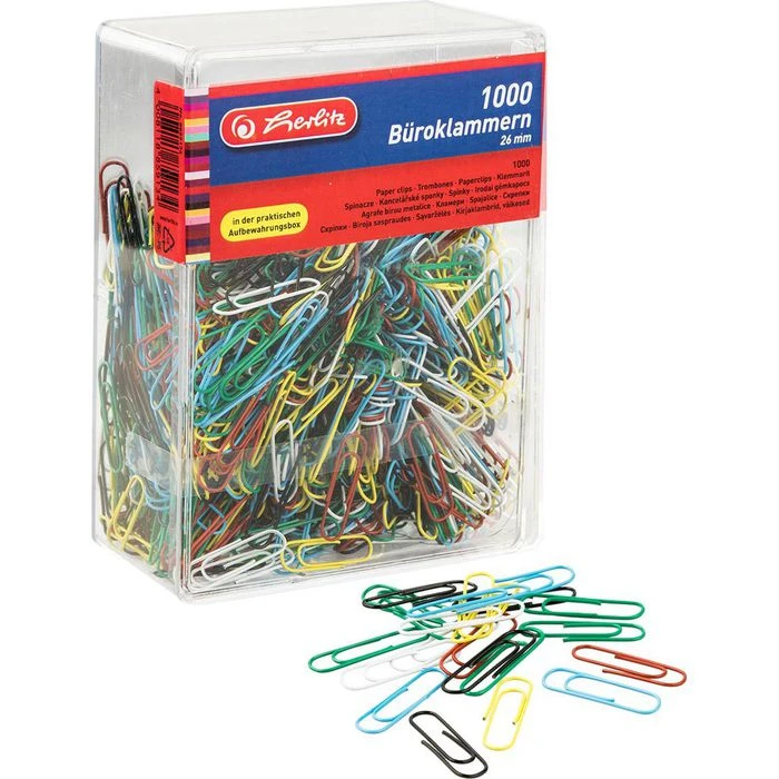Herlitz Büroklammern 8859134, 26mm, Farbig Sortiert, Kunststoffüberzogen, 1000 Stück