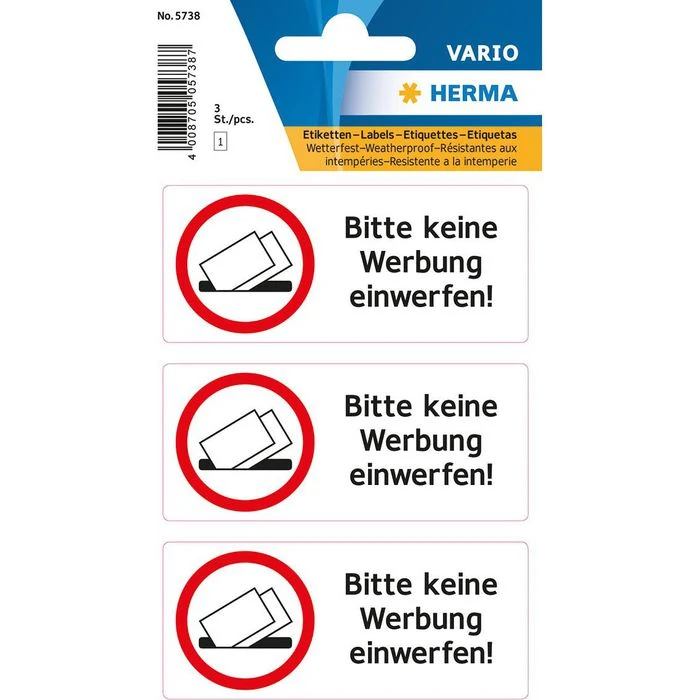 Herma Hinweisetiketten 5738, Bitte Keine Werbung, 79 X 34mm, Selbstklebend, Wetterfest, 3 Stück