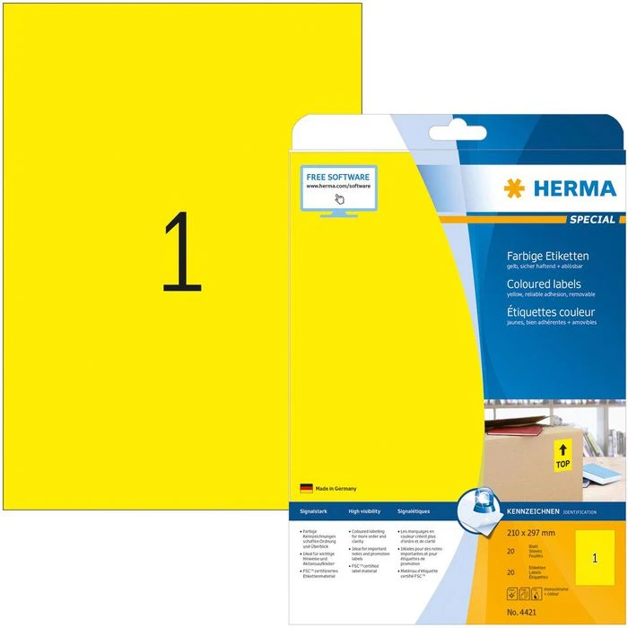 Herma Universaletiketten 4421, Special, Gelb, 210 X 297mm, Ablösbar, 20 Blatt, 20 Stück