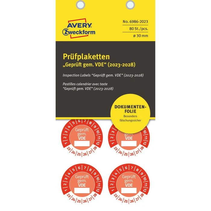 Zweckform Prüfplaketten 6986, Geprüft Gem. VDE, 2023-2028, Rot, Ø 30mm, Abziehsicher, 80 Stück – Bild 2