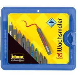 Idena Wachsmalstifte 60040 Wachsmaler Box, Wasserfest, Rund, Mit Schiebehülsen,10 Stück