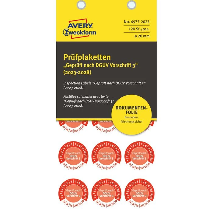 Zweckform Prüfplaketten 6977 Geprüft Nach DGUV Vo3, 2023-2028, Rot, Ø 20mm, Abziehsicher, 120 Stück - Image 2