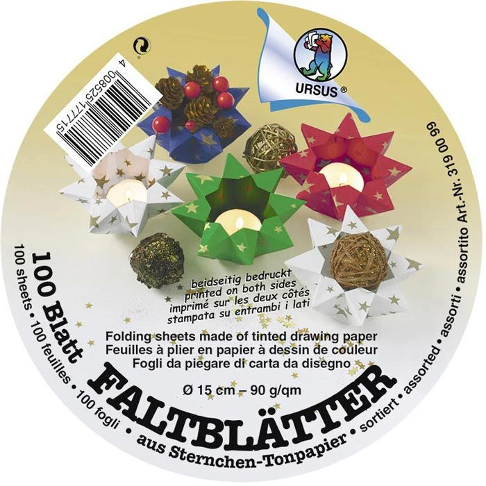 Ursus Faltblätter 3190099, Sternchen, Ø 15cm Rund, 90g/m², 4 Farben Sortiert, 100 Blatt