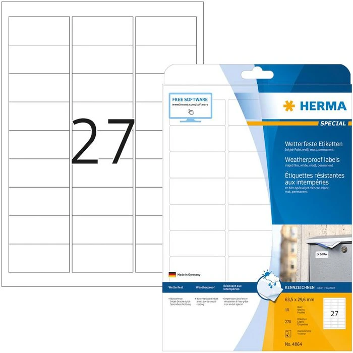 Herma Inkjet-Etiketten 4864, Wetterfest, 63,5 X 29,6mm, Weiß Matt, 10 Blatt, 270 Stück