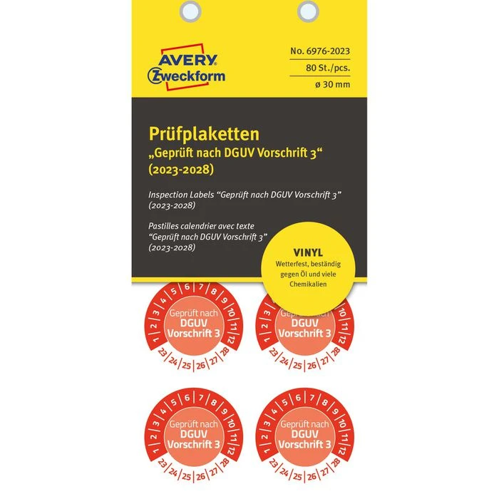 Zweckform Prüfplaketten 6976 Geprüft Nach DGUV Vo3, 2023-2028, Rot, Ø 30mm, Aus Vinyl, 80 Stück - Image 2