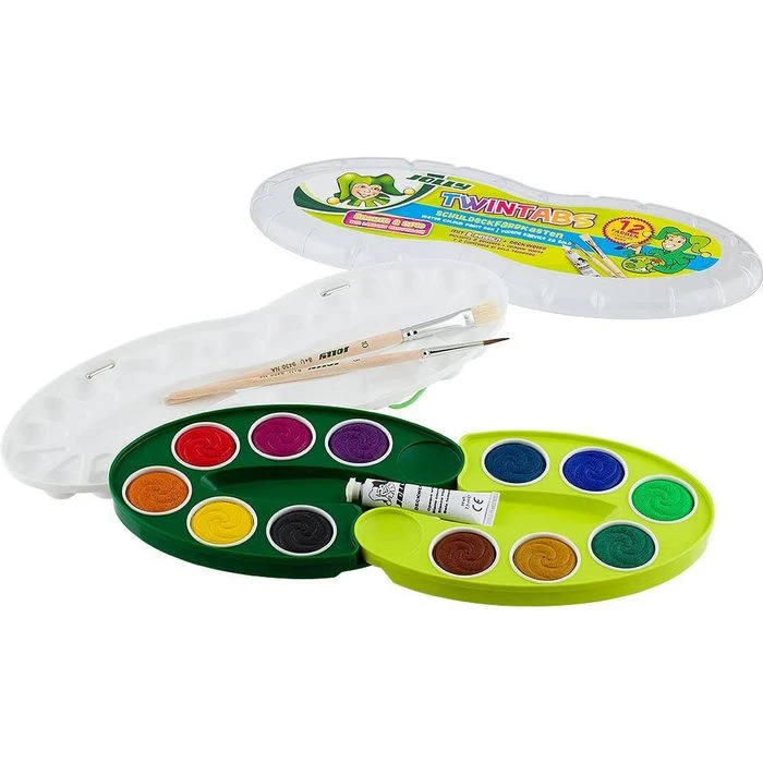 Jolly Farbkasten Twintabs 12, Deckfarbkasten, 1 Deckweiß, 2 Pinsel Und 12 Farben