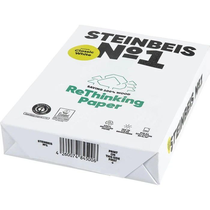 Steinbeis No.1 Classic White, A4, Kopierpapier, Recycling, 80g/qm, Presseweiß, 500 Blatt