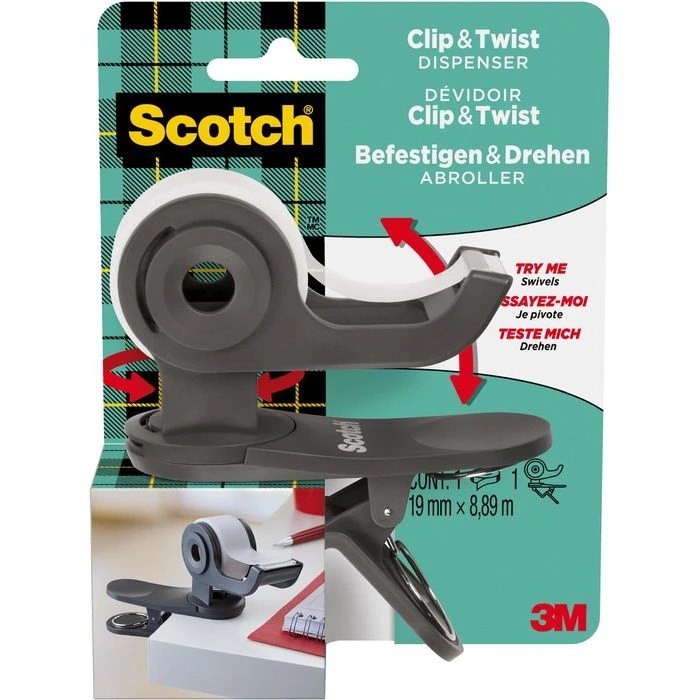 Scotch Klebefilmabroller Clip & Twist, Grau, Tischabroller Für Kleberollen 19mm X 33m - Image 3