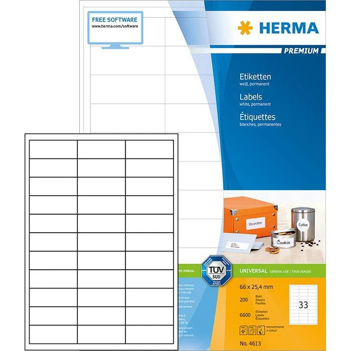 Herma Premium 4613 6600 Etiketten Weiß 66x25.4 Mm