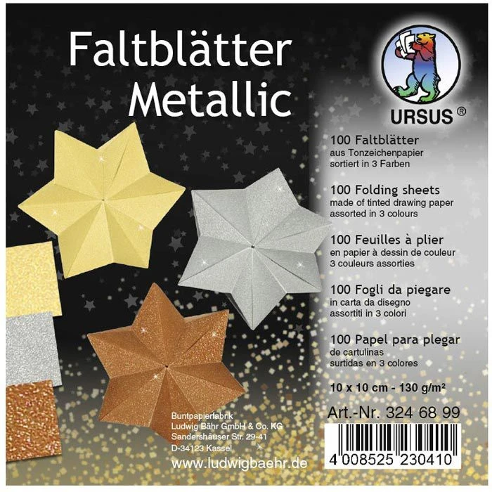 Ursus Faltblätter 3246899, Metallic, 10 X 10cm, 130g/m², 3 Farben Sortiert, 100 Blatt